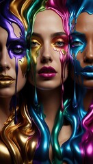Obraz premium Vivid close-up of three faces with flowing metallic paint in gold, purple, pink, and blue, exuding artistic beauty and emotion.