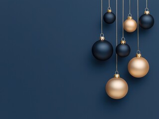 Elegant holiday ornaments in gold and black hanging against a dark blue background.