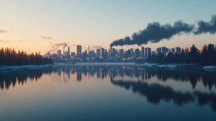 Fototapeta premium Pollution and smoke solutions, A serene view of a city skyline at dawn, reflecting in water, with smoke rising from buildings amidst a natural landscape of trees.
