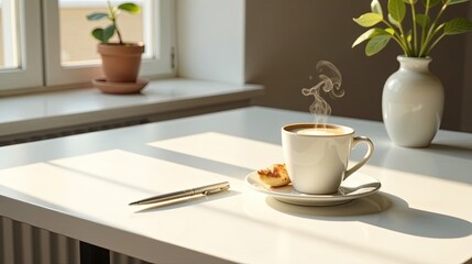 Morning Coffee Break Sunlight Illuminates a Serene Workspace with Warm Beverage and Pastry