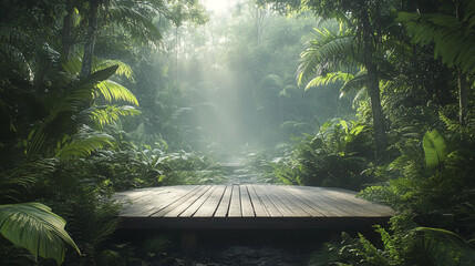 Lush tropical jungle with wooden platform surrounded by vibrant greenery