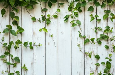 Green vines climb a white wooden wall.