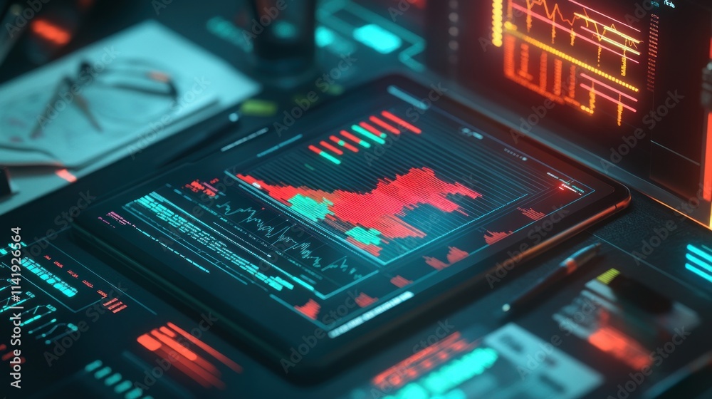 Poster Tablet displaying glowing data charts on a dark surface.