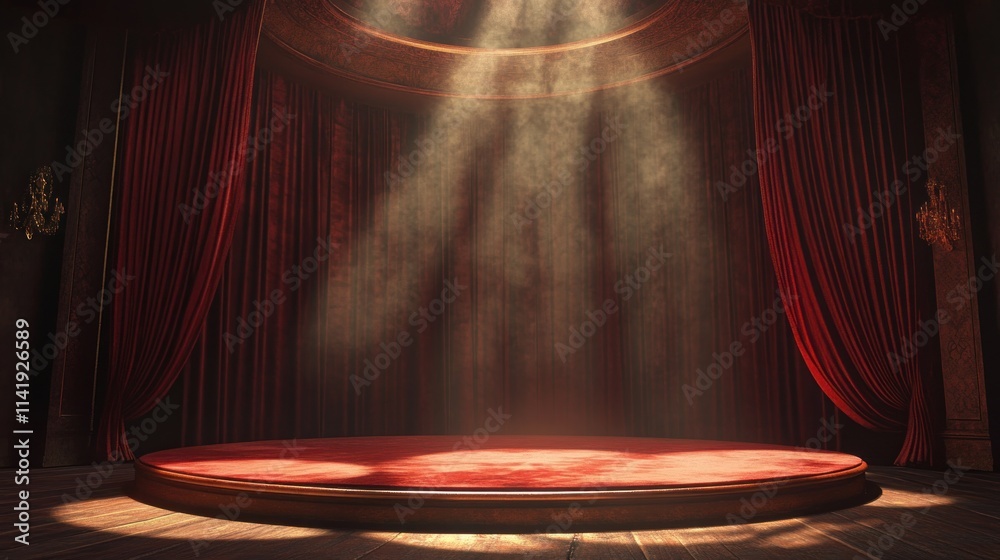 Aufkleber empty stage with red curtains illuminated by spotlight in a theater.