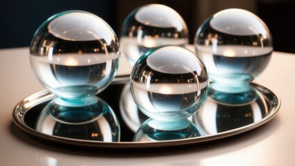 Clear glass spheres displayed on a silver tray, reflecting soft light in an elegant, contemporary setting.