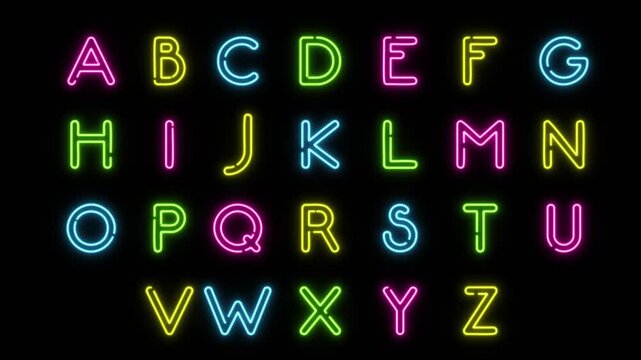 alphabet letters colorful neon lights glowing font isolated alpha channel loop animation, uppercase symbols education and social media motion design element	