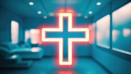 Neon cross symbol glowing in a modern healthcare setting, featuring minimalist furniture and a warm ambiance that suggests healing and comfort.