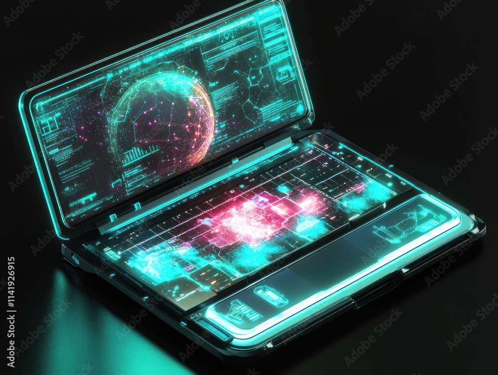 Poster foldable futuristic transparent screen laptop showing digital data.