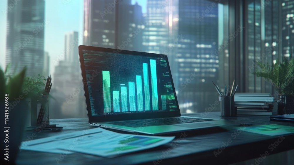 Poster Laptop showing data charts on desk in modern office.