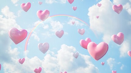 Pink heart background floating in the sky with clouds and rainbow. Valentine's Day concept Ultra-realistic photography
