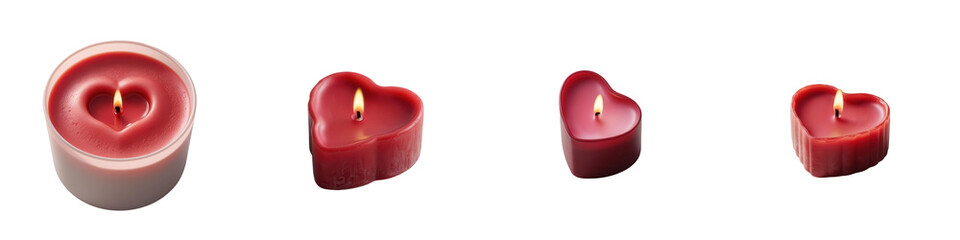 Heart-shaped candles in various sizes on a black background, creating a romantic ambiance.