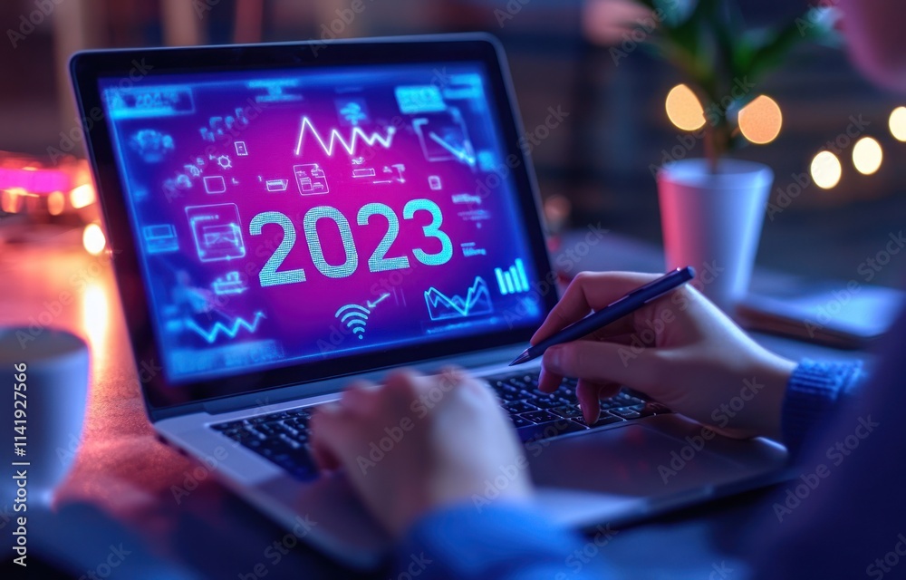 Poster Person with laptop displaying 2023 with icons and graphs.