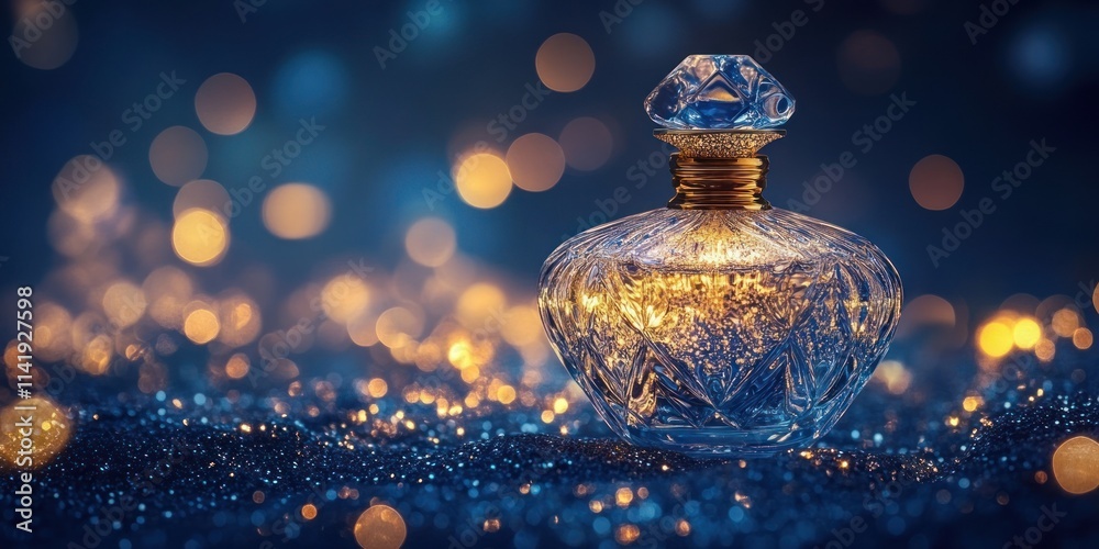 Poster refracting light perfume bottle on glittery surface,bokeh lights background.