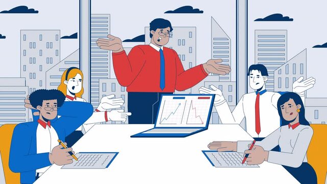 Team members conducting competitors analysis cartoon animation. Competitive market research 4K video 2D motion graphic. Colleagues evaluating sales metrics animated characters on office background