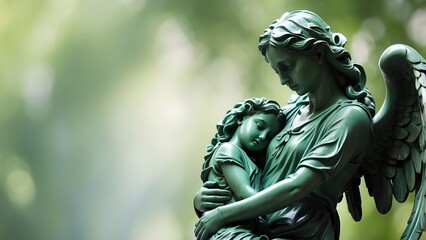 "Grieving Angel Statue on Green Panoramic Background: Funeral Services, Sadness, and Mourning Web Banner with Copy Space"
