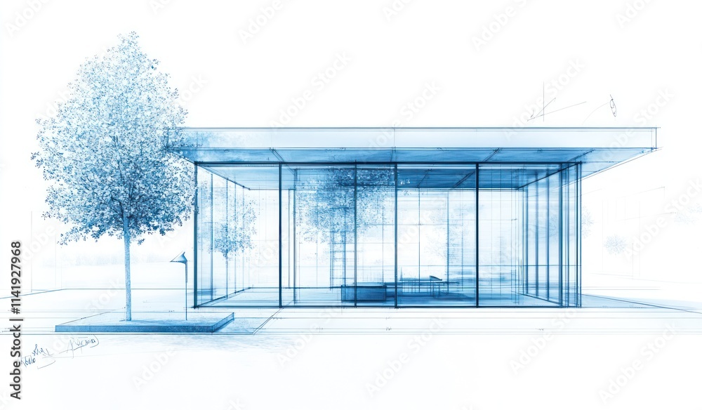 Poster blue tinted rendering of a glass house with tree.