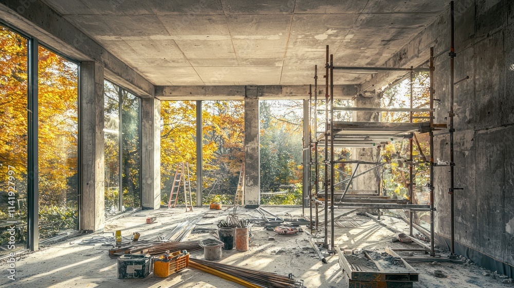 Aufkleber interior concrete structure under construction with scaffolding and golden fall views.