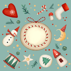 Fantasy holiday background with drawing christmas toys. Computer graphics.