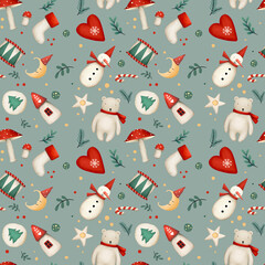 Fantasy holiday background with drawing christmas toys. Computer graphics.
