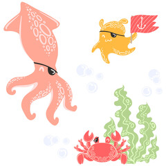 Clip art of pirate squid and cute pirate octopus and pirate crab.