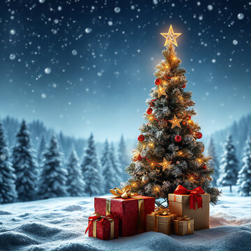 immagine fantasy di albero di Natale decorato con palline e stelle luminose e scintillanti su uno sfondo sfocato di colore chiaro con alberi e neve, circondato da pacchetti regalo.