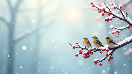 Winter Wonderland Three Small Birds Perched on a Snow-Covered Branch with Red Berries