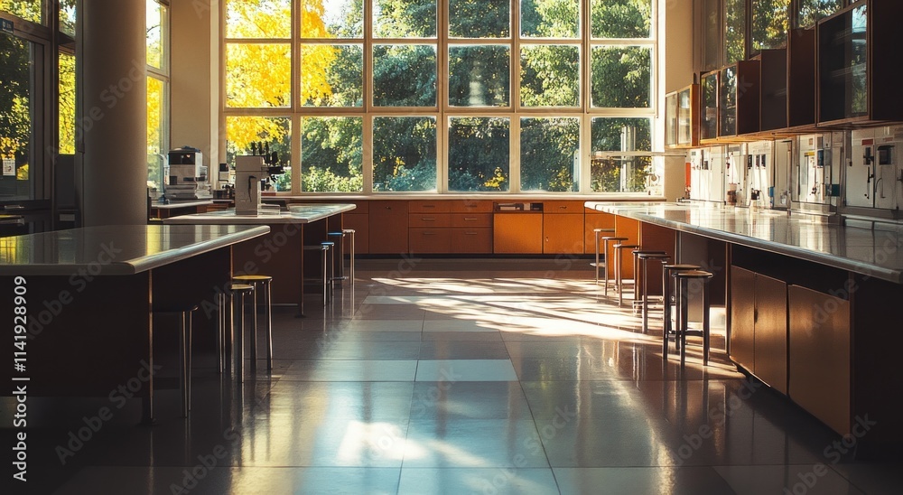 Poster empty lab with wood cabinets and large windows.