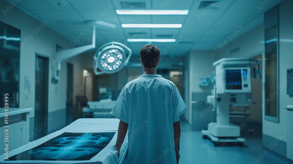 Poster a man in a white lab coat is standing in front of a large x-ray machine