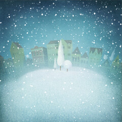 Fantasy drawing winter pastel background on the background of a colorful city. Computer graphics.