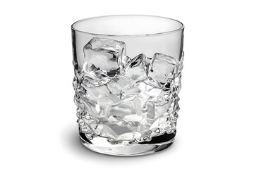 Transparent glass of water with ice cubes on white