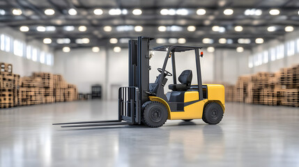 A forklift loader transporting pallets in a warehouse.