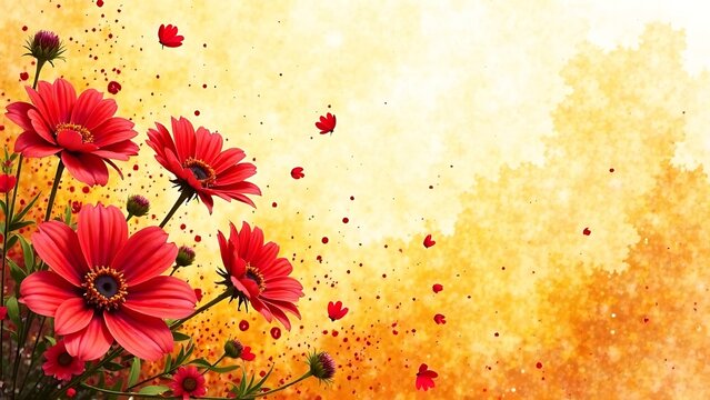 background with flowers. Illustration of red and yellow flowers.  Postcard background of Basant Panchami celebration in watercolor style. Asia