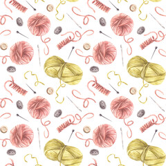 Knitting, needlework seamless pattern. Watercolor Skeins of yarn, wooden needles, pins, buttons. Balls of wool Crocheted, hobby packaging clipart. Hand drawn illustration on isolated white background