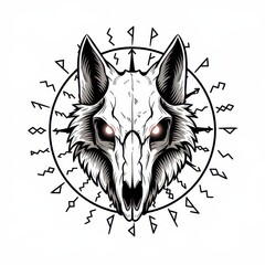 Obraz premium Glowing Eyed Wolf Skull Encircled By Runes