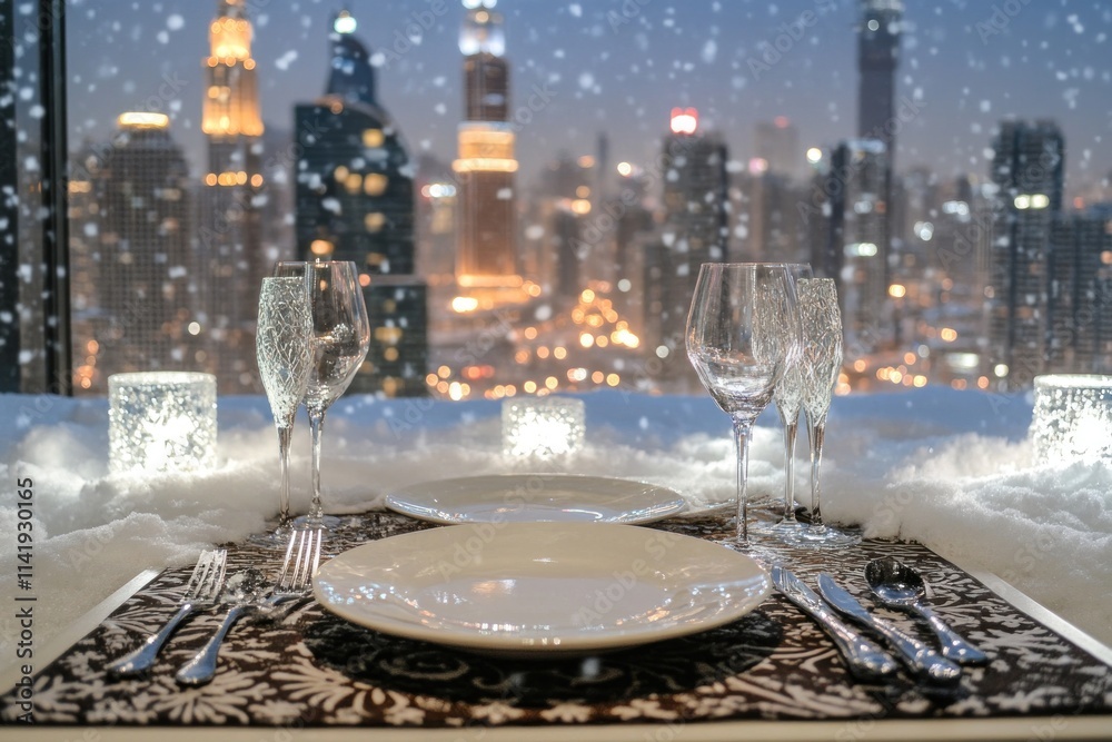 Poster dinner table set with city view and artificial snow.