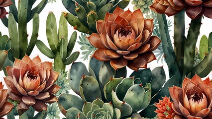 Fototapeta premium Botanical pattern, watercolor of Mocha Mousse-colored succulents and cacti, arranged on a clean white backdrop.