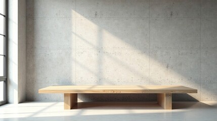 Light-filled room with minimalist wooden platform against a textured wall