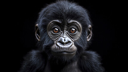 Obraz premium baby gorilla with expressive eyes isolated against black background