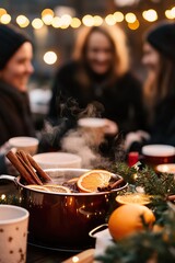 A lively scene with friends gathered around a table with a steaming mug of mulled wine.