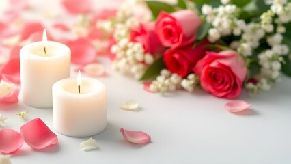 White candles with roses and flowers petals