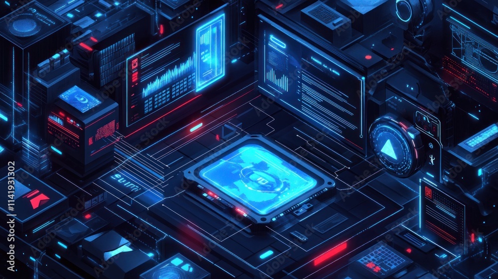 Aufkleber isometric digital circuit board with glowing elements.