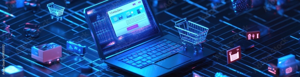 Aufkleber E-commerce concept; laptop with cart icons on a digital circuit background.