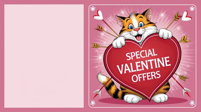 greeting card with playful cartoon tiger hugging a giant heart-shaped sign pink background