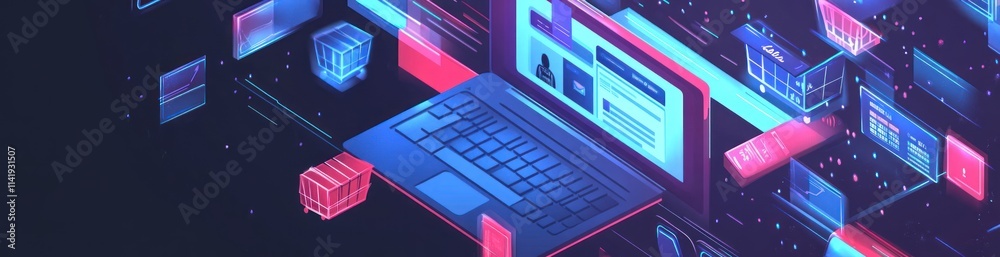 Poster Isometric laptop with floating data windows and boxes.