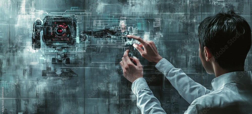 Poster Man interacts with a futuristic digital interface.
