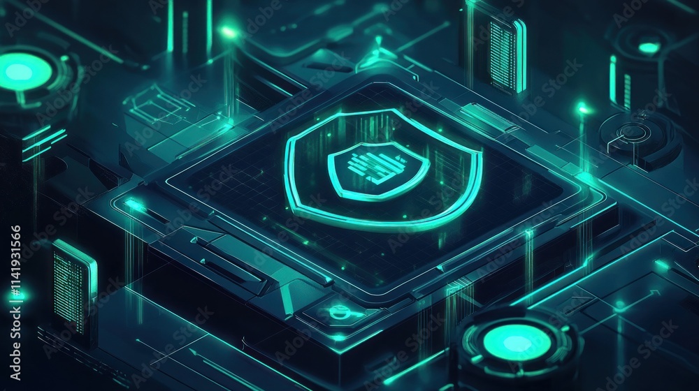 Poster shield icon glows on circuit board.