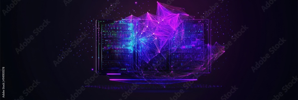 Poster glowing server rack with digital network overlay, abstract background.