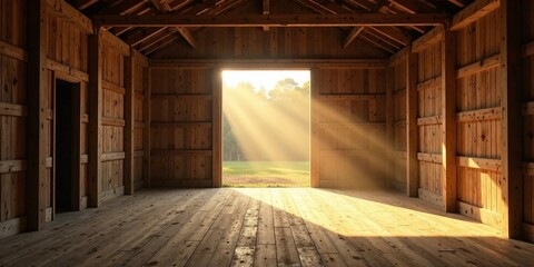 Rustic Wooden Barn Interior with Sunlight Streaming Through Open Doors
