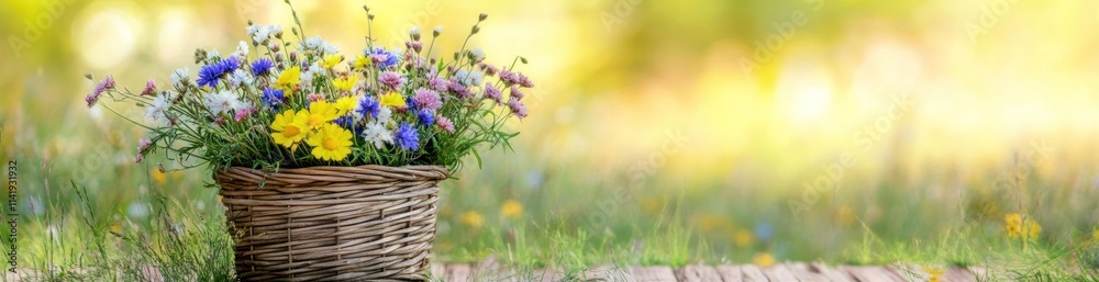 Aufkleber Basket filled with colorful flowers on a path with soft light.