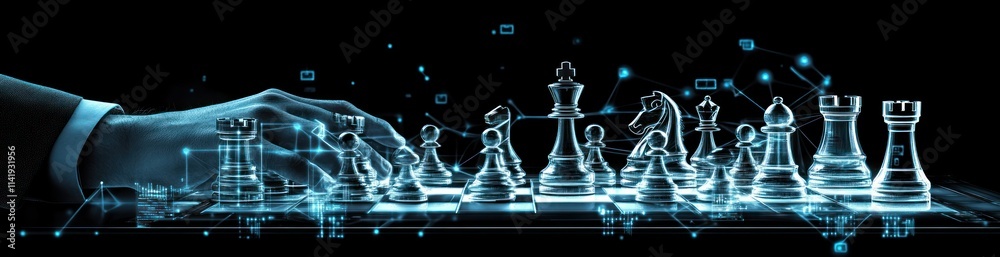 Poster digital chess game with hand over a digital board and pieces.
